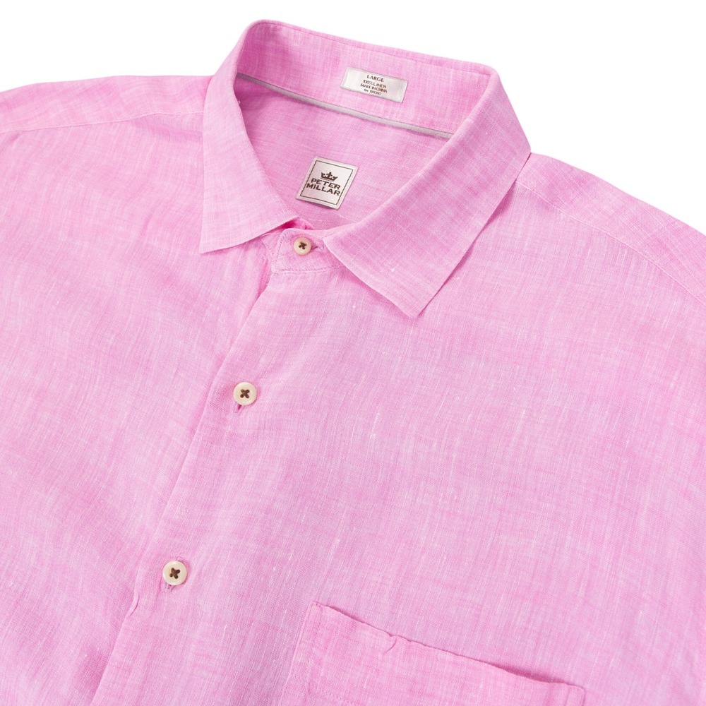 Peter Millar Mens Large Pink 100% Linen Short Sleeve Button Down Shirt